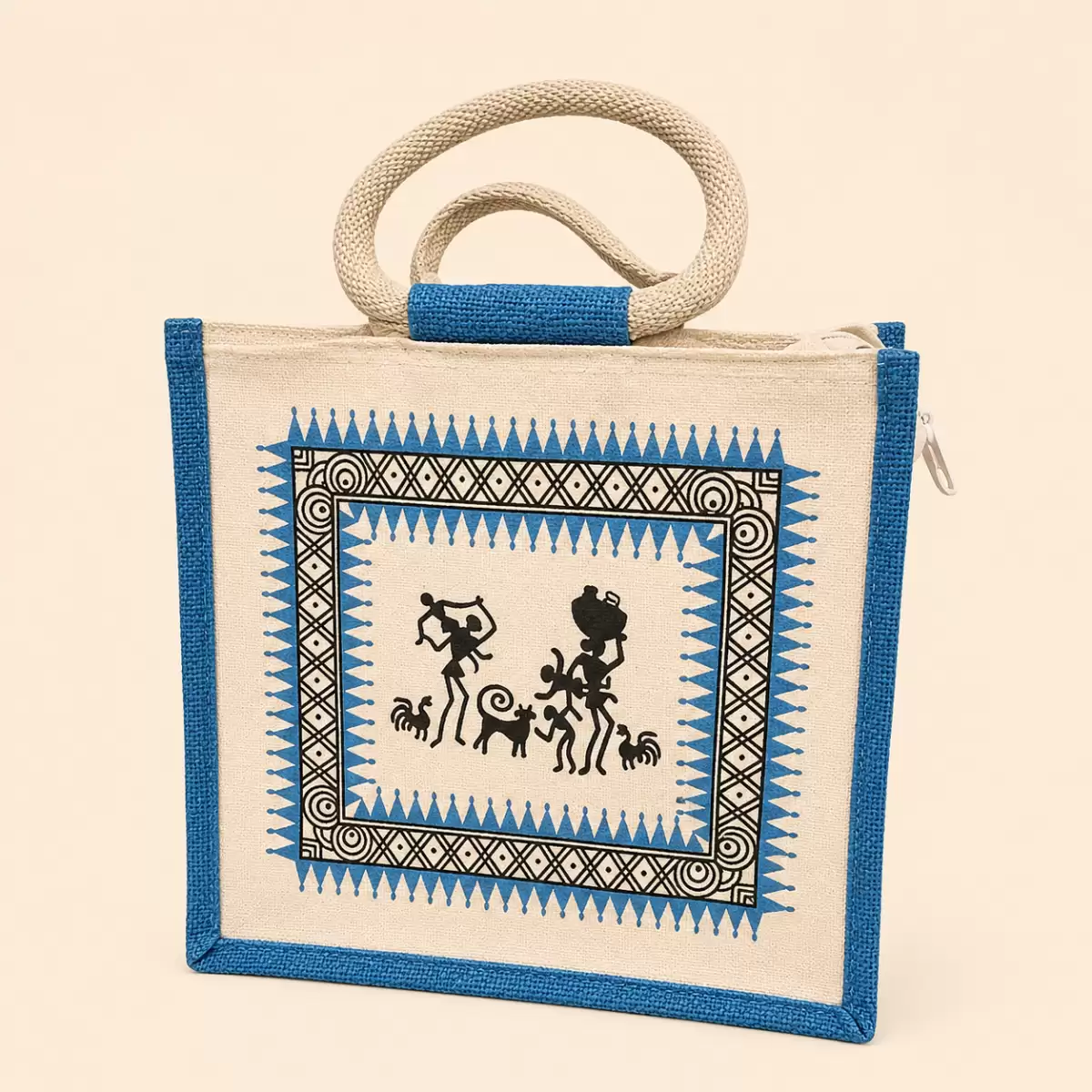 White Blue Printed Jute Bag