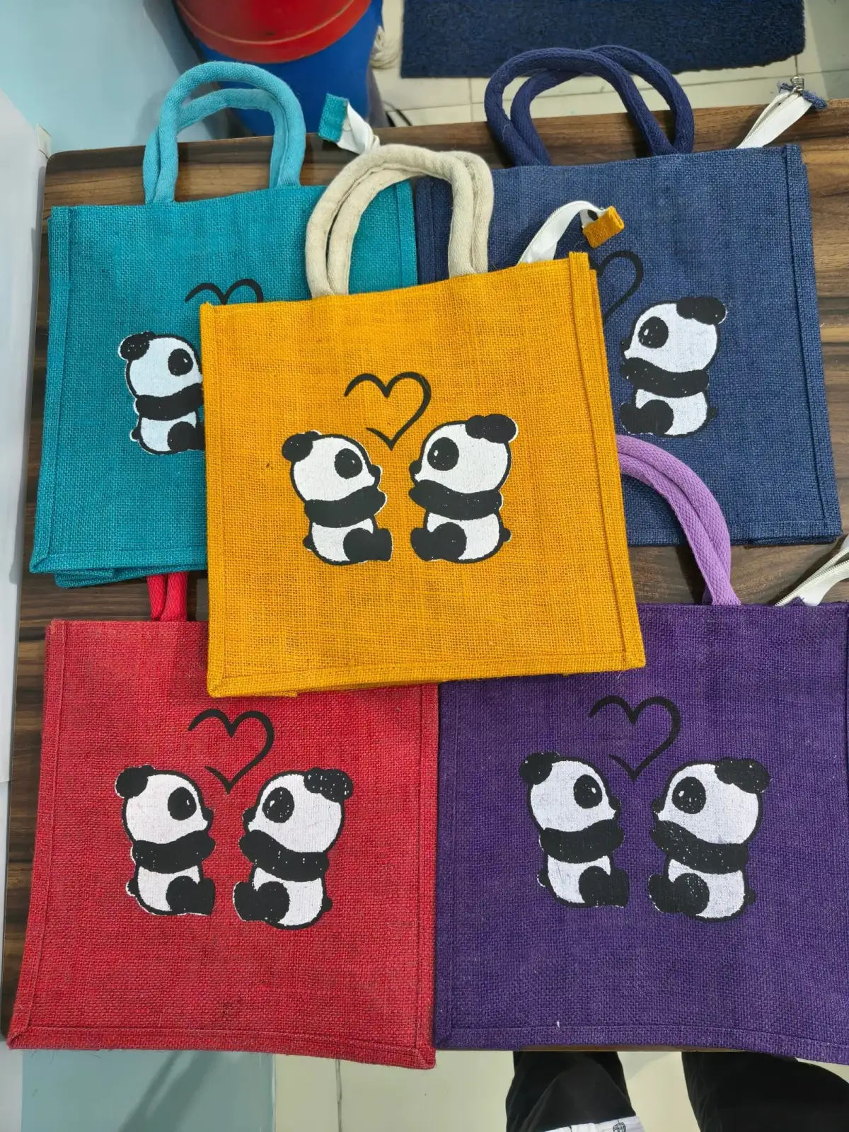 Panda printed memory colorful jute bags