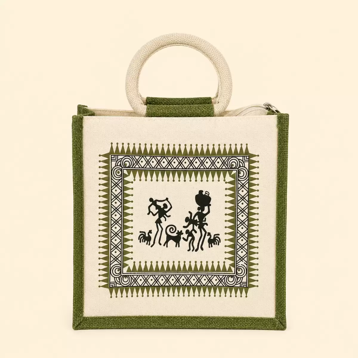 White Green Printed Jute Bag