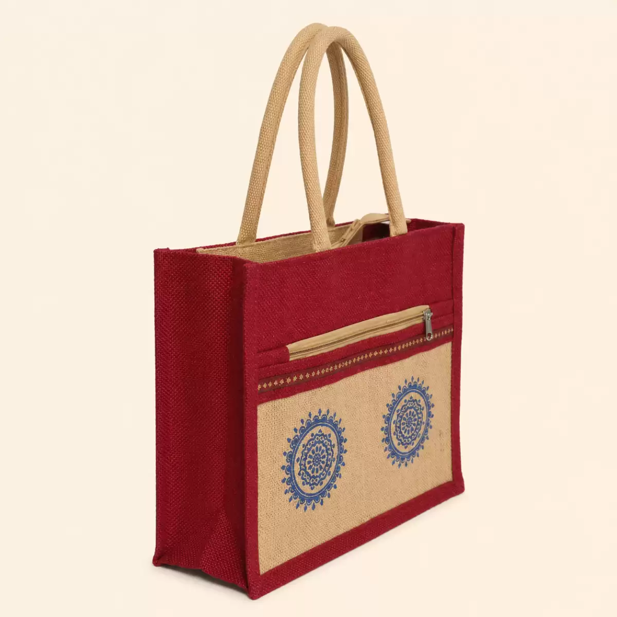 Red Brown Jute Shopping Bag