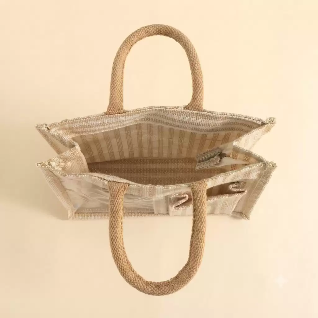 White Beige Jute Shopping Bag