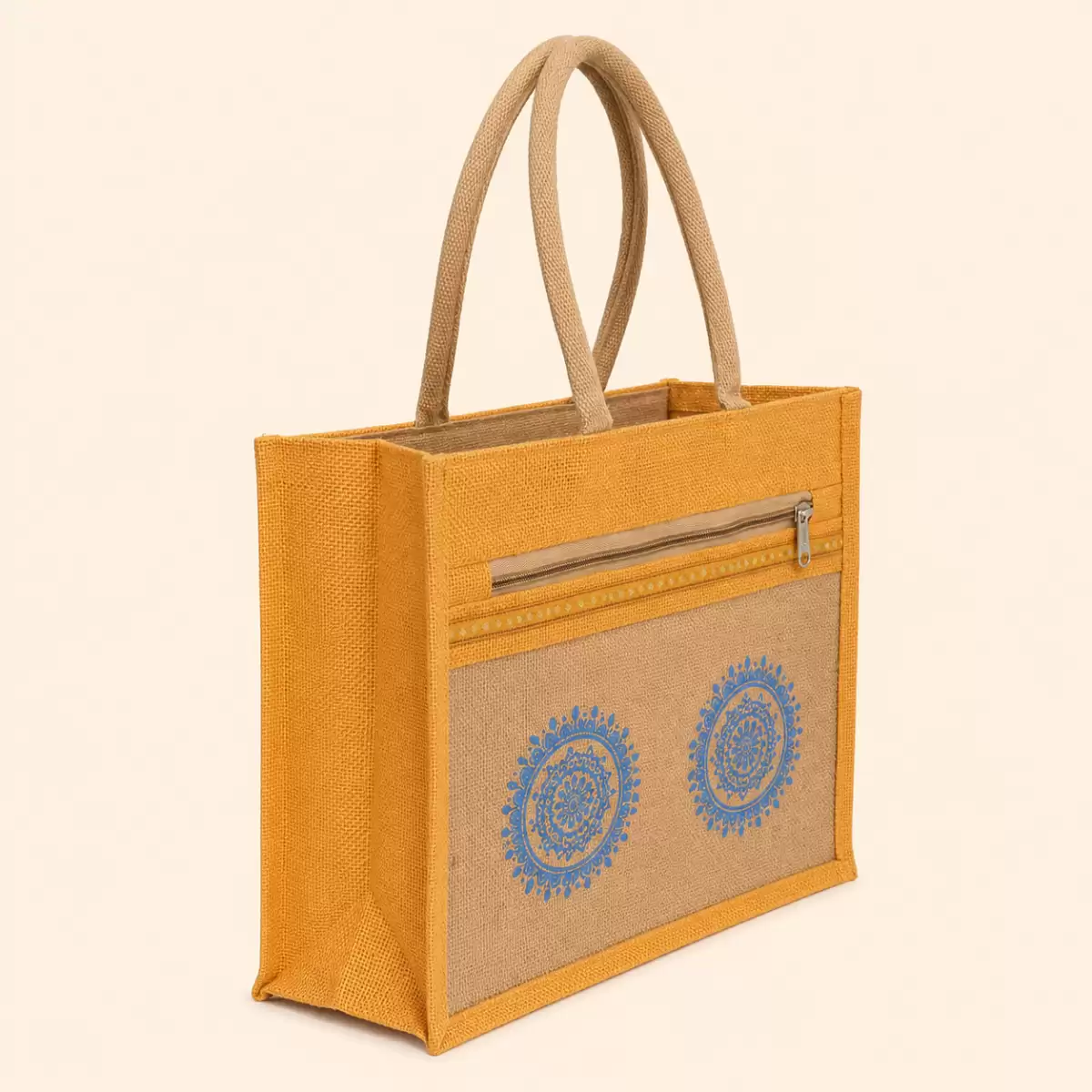 Yellow Brown Jute Shopping Bag